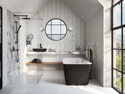 Une baignoire en îlot Squaro dans une salle de bains moderne Une salle de bains moderne avec une baignoire en îlot Squaro, un lavabo noir Artis et une vue offerte par une grande fenêtre