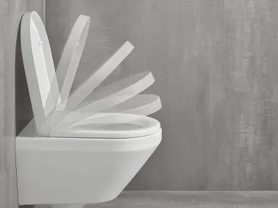 Des WC Architectura avec fonction SoftClosing Des toilettes suspendues avec le couvercle ouvert à différents stades de fermeture sur un fond gris sobre.