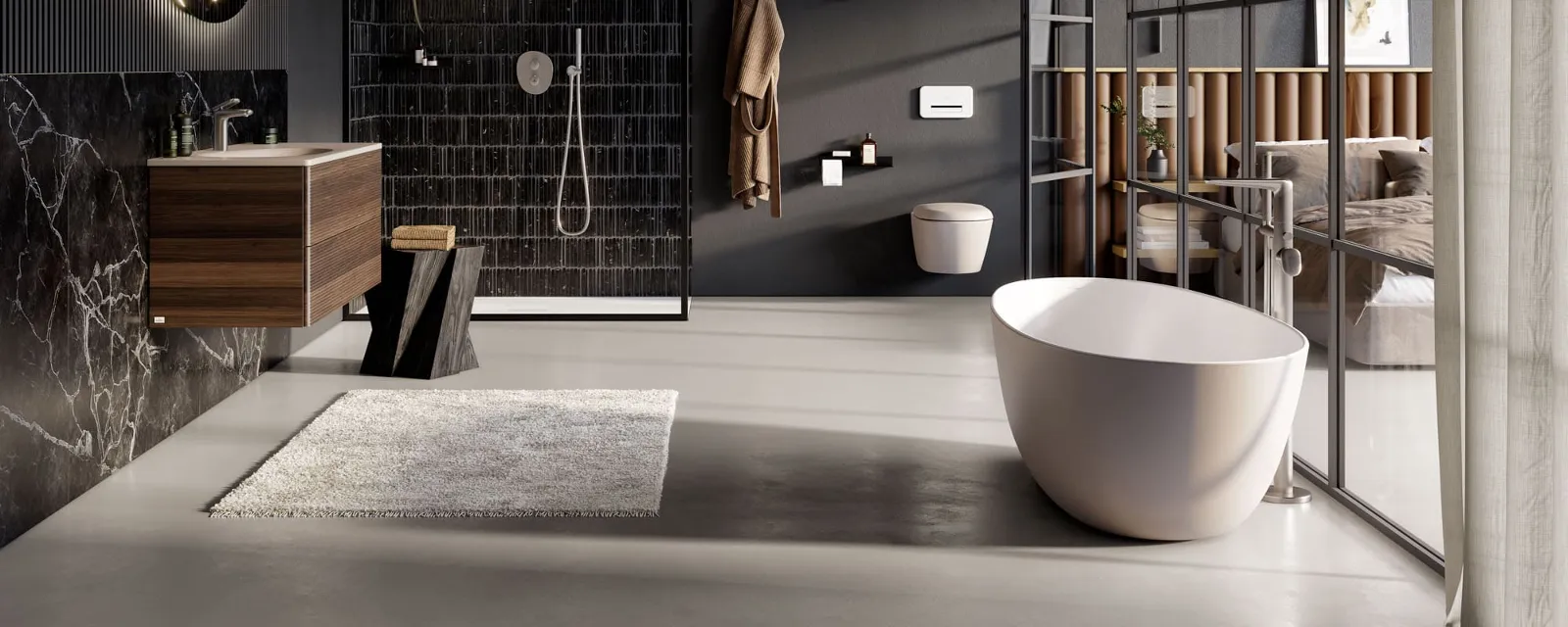 Offenes loftartiges Badezimmer mit Antao Badkeramik, Möbel, Wanne und Dusche Modernes Badezimmer mit dunklen Wänden, einer freistehenden Badewanne, einer Duschkabine aus Glas, einem Holzwaschtisch mit rundem Spiegel und einer Toilette. Der Raum verfügt über elegante Designelemente und reichlich natürliches Licht.