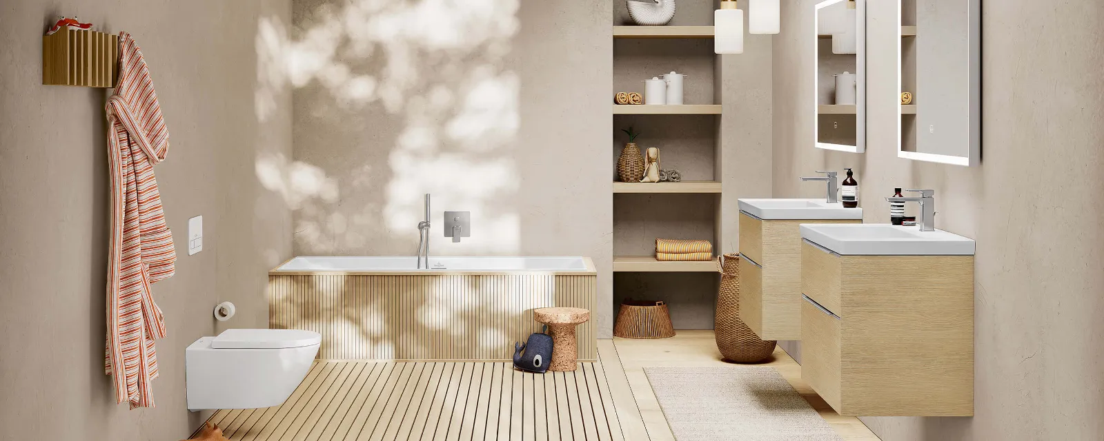Helle holzfarbene Subway 3.0 Badmöbel in modernem Badezimmer Ein Badezimmer mit Holzboden und eleganten Subway 3.0 Badmöbeln in Holzoptik.